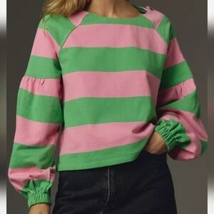 Maeve Anthropologie Pink & Green Stripe French Terry Sweatshirt XL